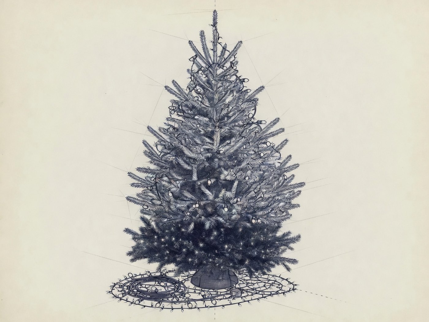 Engineering line drawing of a Christmas tree densely wound with outdoor mini string lights.