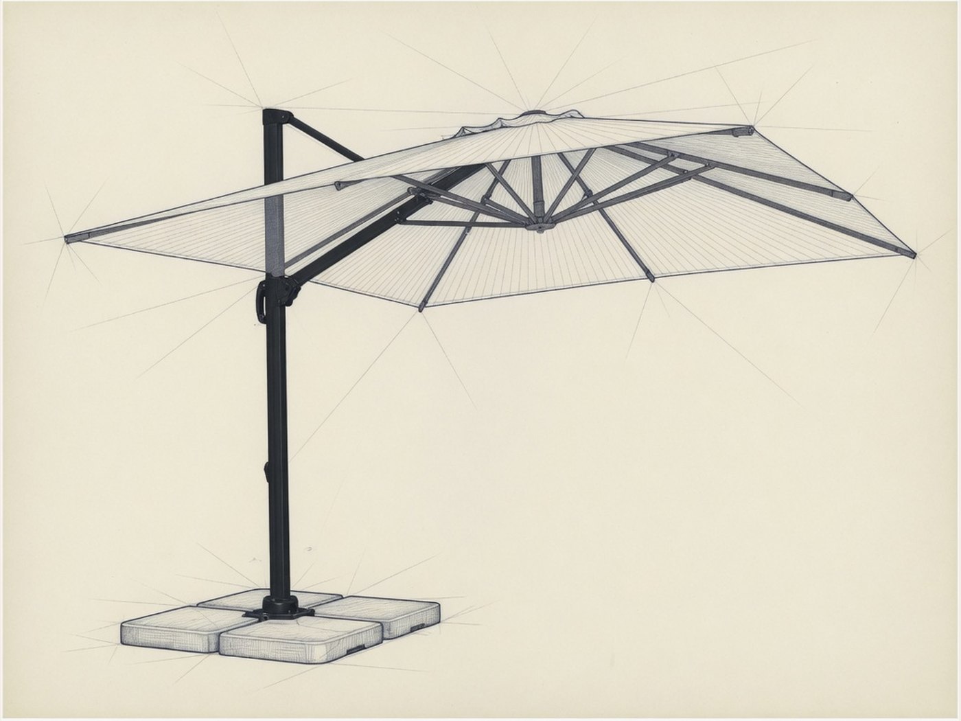Engineering line drawing of a rectangular cantilever garden parasol on cream paper.