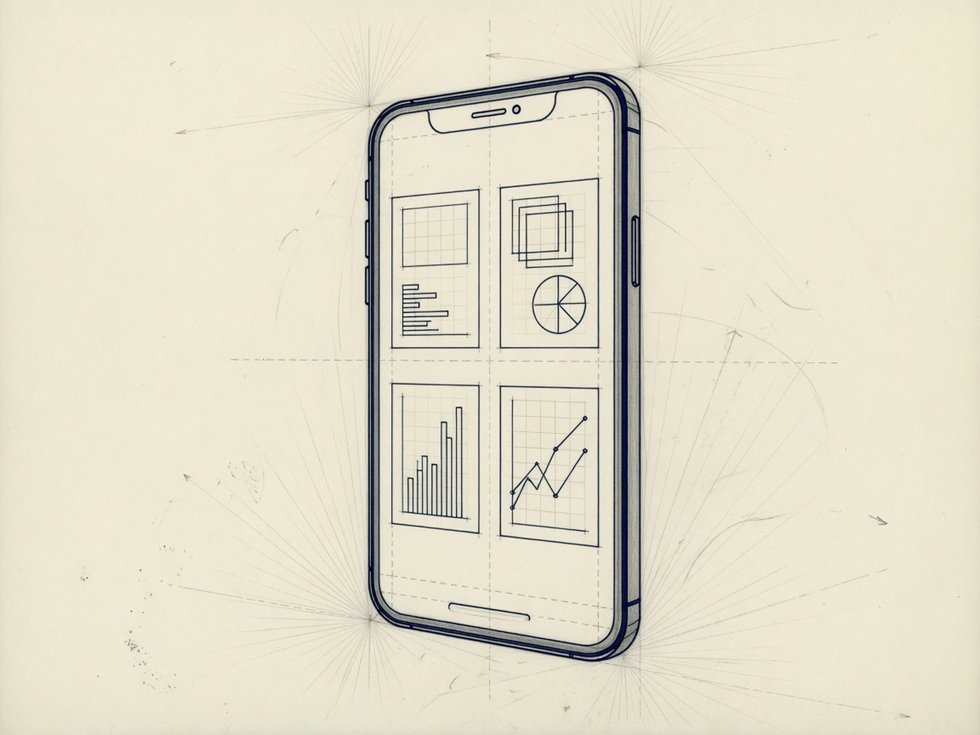 Technische lijntekening van een smartphone met een dashboard van vier panelen op crèmekleurig papier.